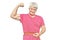 Happy elderly man in red shirt with measuring tape. Elderly man shows own biceps of arm isolated on white background