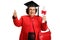 Happy elderly woman holding a graduation diploma and showing thu