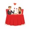 Happy elegant couple sitting in a cafe, man and woman holding glasses of red wine enjoying romantic dinner date colorful