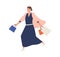 Happy elegant woman running carry shopping bags vector flat illustration. Smiling shopaholic female enjoying sale