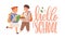 Happy elementary children with books and bags. Hello School lettering and smiling girl and boy, first graders. Couple of