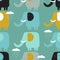 Happy elephants, clouds, clorful seamless pattern
