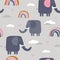 Happy elephants, clouds, rainbow, decorative cute background. Colorful seamless pattern with animals