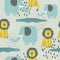 Happy elephants, crocodiles, lions, decorative cute background. Colorful seamless pattern with animals