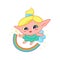 Happy elf fairy with wings conjured rainbow. Cute blond girl good sorceress in dress and with magic wand vector