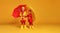 happy emotional cheerful children friends laughing  with red umbrella   on colored yellow background