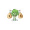 Happy endive cartoon character with two money bags