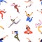 Happy energetic people, seamless pattern. Endless background with free active youth. Flying and jumping fun characters