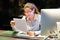 Happy entrepreneur woman reading good news in a letter in the offes. Reception in the hotel. Close-up