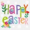 Happy ester card design with colorful text, flowers and eggs