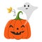 Happy evil smiling pumpkin jack lantern with ghost
