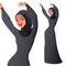Happy excited beautiful Muslim woman in hijab and abaya dancing with hands in the air. Isolated vector illustration.