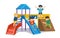 Happy excited kids having fun together. Children playing in playground. Colorful isometric playground elements set with Kids