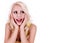 Happy excited woman looking up and screaming. cheerful beautiful blonde young woman isolated