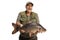 Happy and exctied mature fisherman holding a big carp fish