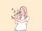 happy exited stylish girl having fun sing a song to microphone simple korean style illustration