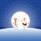 Happy expresion of Santa Claus and Reindeer on blue night moonlight winter landscape