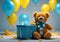 Happy Face Blue Teddy Bear with Blue and Yellow attire, and balloons