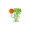 Happy face celery plant cartoon character playing basketball