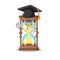 Happy face of chronometer in black graduation hat for the ceremony