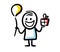 Happy face doodle character with baloon and gift box in hands.