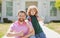 Happy face. Father and son with thumbs up sign after come back from school. School, family, education and outdoor.