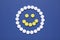 Happy face made of antidepressant pills on dark blue background, flat lay