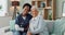 Happy face, nurse and elderly patient in nursing home for healthcare and volunteer with charity on sofa. African