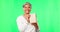 Happy, face and woman with a bag on a green screen for breakfast, lunch or food delivery. Smile, gift or portrait of a