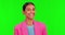 Happy, face and woman wink on green screen, studio and flirting on mockup chroma key. Portrait, indian female model and