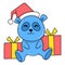 Happy-faced blue bear enjoying a lot of christmas gifts, doodle icon image kawaii