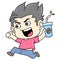 Happy faced boy running with a cup of coffee, doodle icon image kawaii