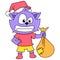 Happy-faced cat carrying a sack of christmas gifts, doodle icon image kawaii