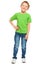 Happy fair-haired boy in green t-shirt and denim