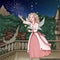 Happy fairy with magic wand in castle