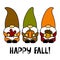 Happy Fall. Gnomes with a maple leaf, pumpkin, acorn. Thanksgiving Day. Vector illustration