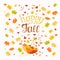 Happy Fall typography banner. Maple colorful leaves, hand drawn lettering autumn design element