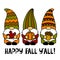 Happy Fall You All. Gnomes with a maple leaf, pumpkin, acorn. Thanksgiving Day. Vector illustration