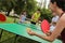 Happy families playing ping pong