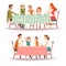 Happy Families Sitting at Kitchen Table with Checkered Tablecloth Set, Eating Food and Talking to Each Other, Happy