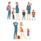 Happy Families Travelling on Vacation Set, Mother, Father, and Kids Going on Summer Vacation, Active Recreation Vector