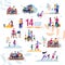 Happy Family Activities Scenes Flat Vector Set