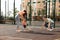 Happy family with adorable little baby playing football