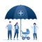 Happy family with baby stroller, female doctor and big save umbrella. Health Care with insurance concept