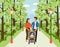 Happy family with baby stroller in the park. Man, woman and child walk along the alley in the city garden. Flat vector cartoon