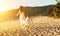 Happy family at beach. mother and child daughter run, laugh and