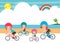 Happy family biking on summer holidays, Husband and Wife with Children Spend Time Cycling on Background Sea Vector illustration.