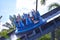 Happy Family on board raft boat enjoy exciting descent. at Seaworld Marine Theme Park.