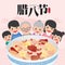Happy Family with a bowl of laba Rice Porridge or Eight Treasure Congee. Translation: Laba Festival.