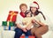 Happy family with box gift, woman with child and elderly - holiday concept